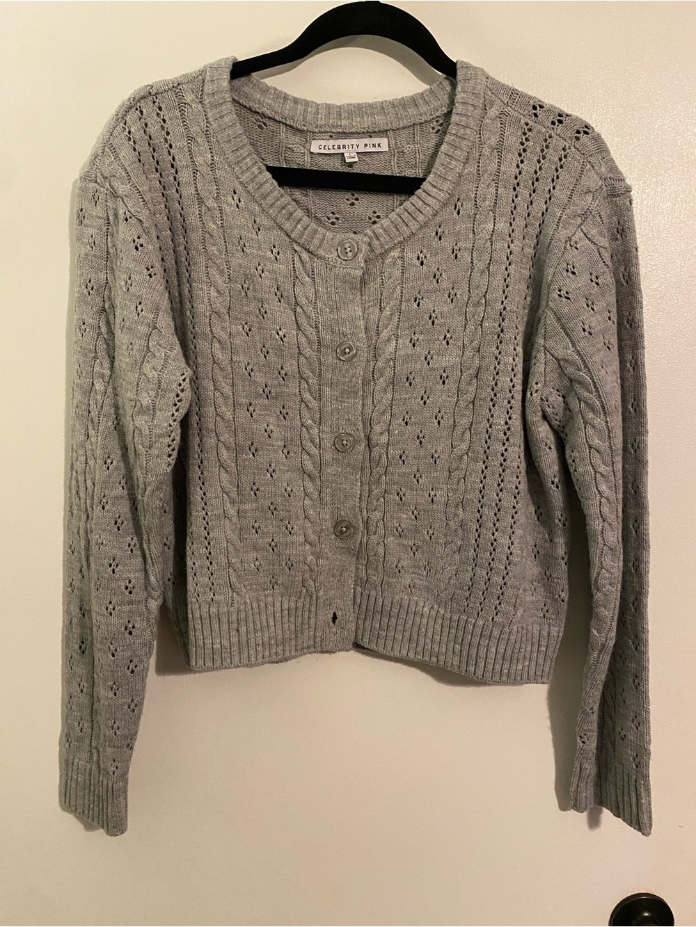Celebrity Pink Gray Openwork Knit Button Cardigan